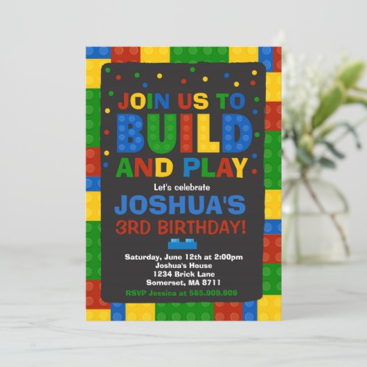 Bouwstenen Verjaardag Uitnodiging Bricks Party (Staand voorkant)