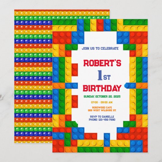 Bouwstenen Verjaardag Uitnodiging, gebouw Kaart (Voorkant / Achterkant)