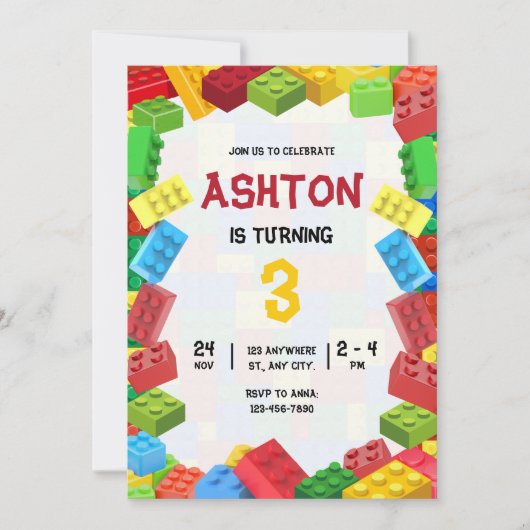 Bouwstenen Verjaardag Uitnodiging, jongens Verjaar Kaart (Voorkant)
