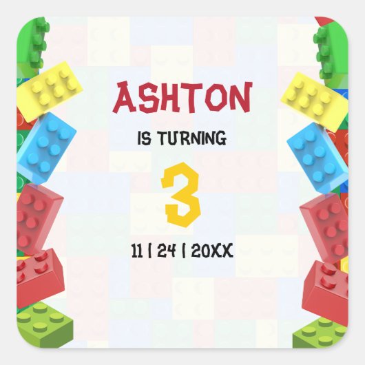 Bouwstenen Verjaardag Uitnodiging, jongens Verjaar Vierkante Sticker (Voorkant)