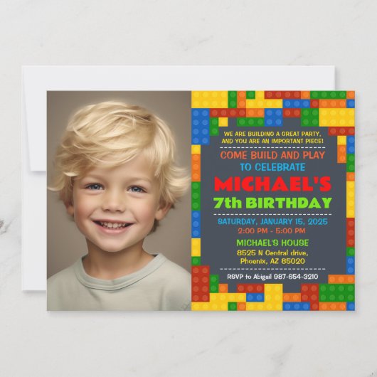 Bouwstenen verjaardagsfeest foto uitnodiging (Voorkant)