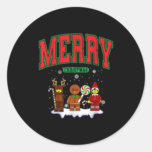 Bouwstenen Vrolijke Kerstfiguren Familiemat Ronde Sticker (Voorkant)