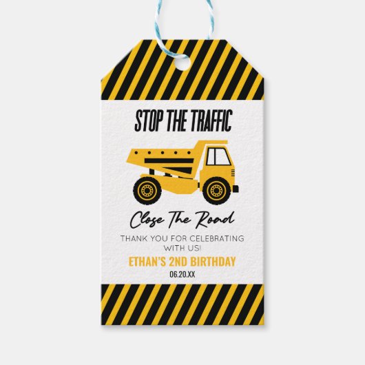 Bouwstortplaats Vrachtwagen Bulldozer Verjaardagsf Cadeaulabel (Voorkant)