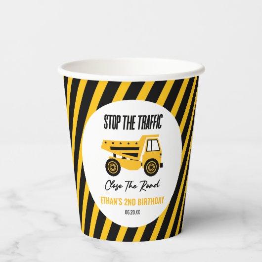 Bouwstortplaats Vrachtwagen Bulldozer Verjaardagsf Papieren Bekers (Achterkant)