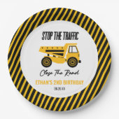 Bouwstortplaats Vrachtwagen Bulldozer Verjaardagsf Papieren Bordje (Voorkant)