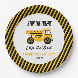 Bouwstortplaats Vrachtwagen Bulldozer Verjaardagsf Papieren Bordje