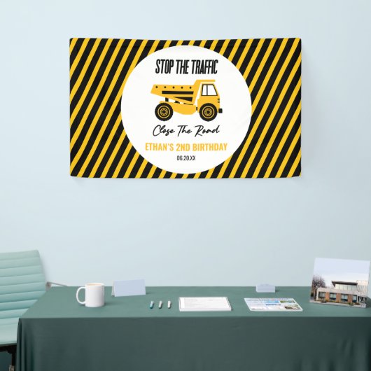 Bouwstortplaats Vrachtwagen Bulldozer Verjaardagsf Spandoek (Beurs)