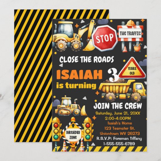 Bouwstortplaats vrachtwagen Verjaardagsfeestuitnod Kaart (Voorkant / Achterkant)