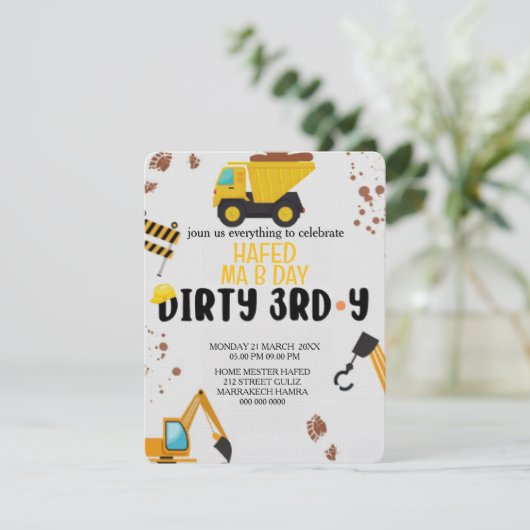 Bouwthema 3e verjaardag uitnodiging, ,Dirt Kaart (Staand voorkant)