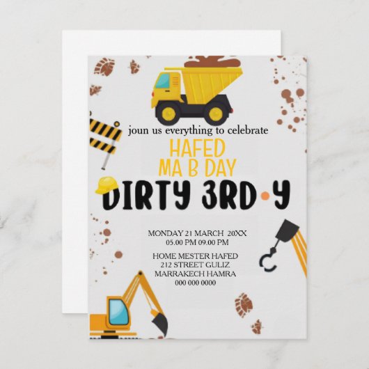 Bouwthema 3e verjaardag uitnodiging Dirty 3 (Voorkant / Achterkant)
