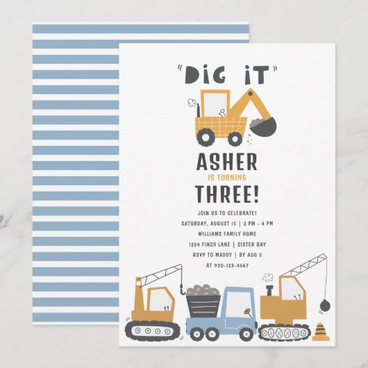 Bouwthema Dig It verjaardagsfeestje Kaart (Voorkant / Achterkant)