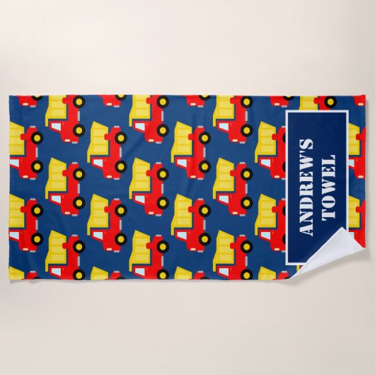 Bouwthema Rode speelgoed-vuilniswagen aangepast ki Strandlaken (Voorkant)