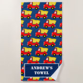 Bouwthema Rode speelgoed-vuilniswagen aangepast ki Strandlaken (Voorkant)