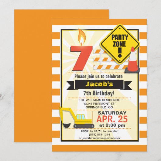 Bouwthema uitnodiging van de Birthday Kind (Voorkant / Achterkant)