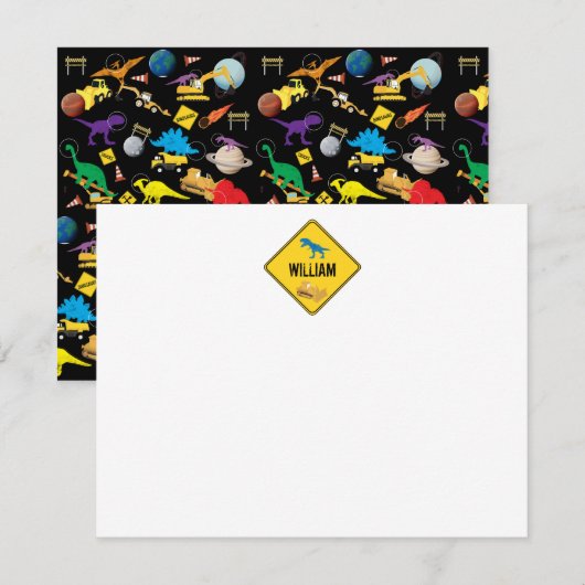 Bouwtrucks Dinosaurussen Ruimte Kinderen Notitiekaartje (Voorkant / Achterkant)