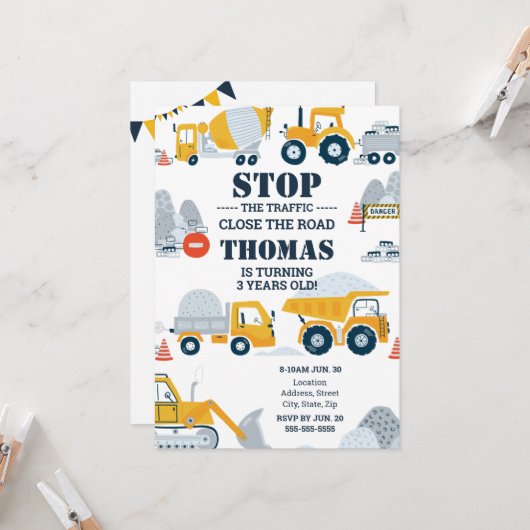 Bouwtrucks Peuter Verjaardag uitnodiging (Voorkant / Achterkant in situ)