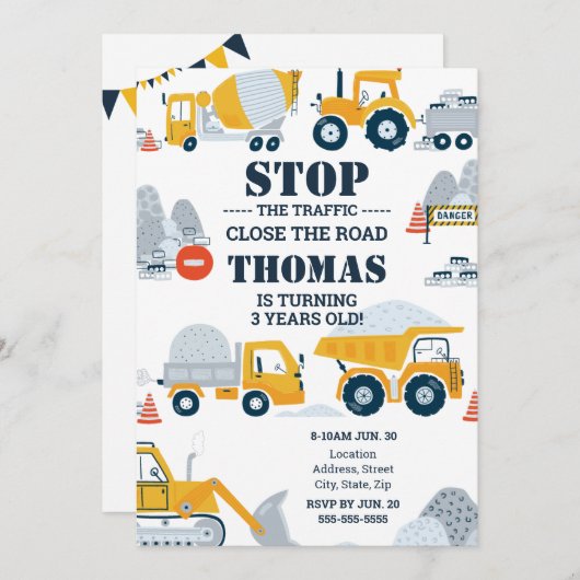 Bouwtrucks Peuter Verjaardag uitnodiging (Voorkant / Achterkant)