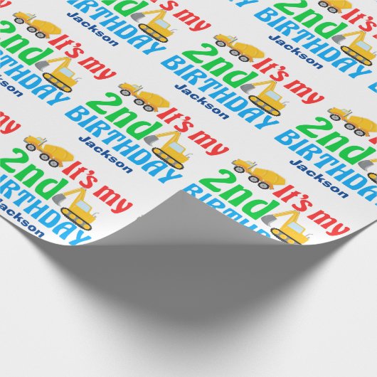 Bouwvoertuig 2e verjaardag Aangepaste Kinderen Cadeaupapier (Hoek)