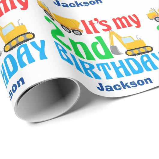 Bouwvoertuig 2e verjaardag Aangepaste Kinderen Cadeaupapier (Rol Hoek)