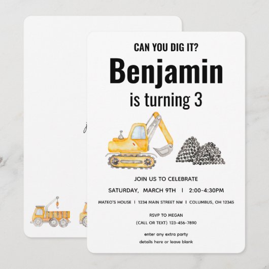Bouwvoertuig Digger Verjaardag Kaart (Voorkant / Achterkant)