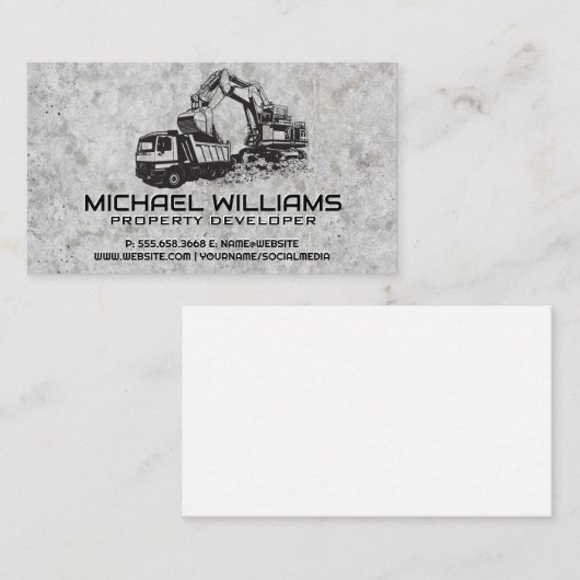 Bouwvoertuig graaft | Betonachtergrond Visitekaartje (Voorkant / Achterkant)
