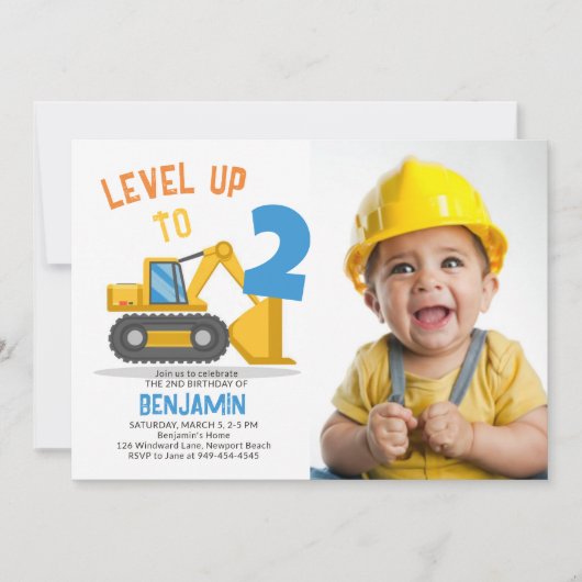Bouwvoertuig Party Foto Jongen 2e Verjaardag Kaart (Voorkant)