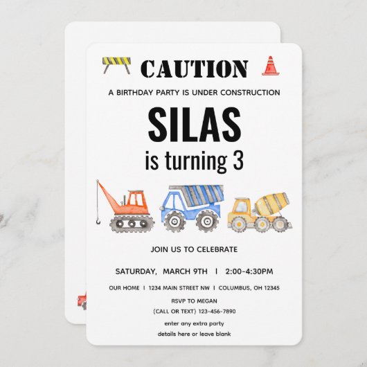 Bouwvoertuig Verjaardag Kaart (Voorkant / Achterkant)