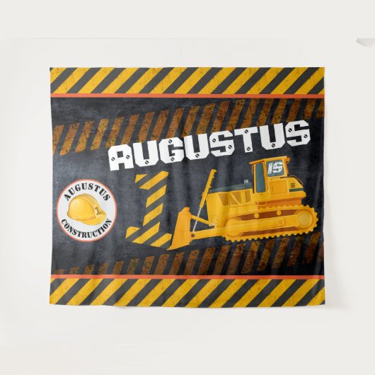 Bouwvoertuig|Zwart-wit & geel| 1e verjaardag Wandkleed (Voorkant (horizontaal))