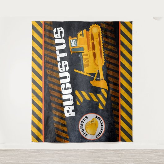 Bouwvoertuig|Zwart-wit & geel| 1e verjaardag Wandkleed (Voorkant)