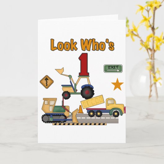Bouwvoertuigen 1e verjaardag Tshirts Kaart (Gele Bloem)