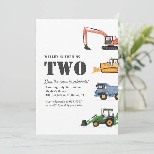 Bouwvoertuigen 2e verjaardagsfeestje kaart (Staand voorkant)