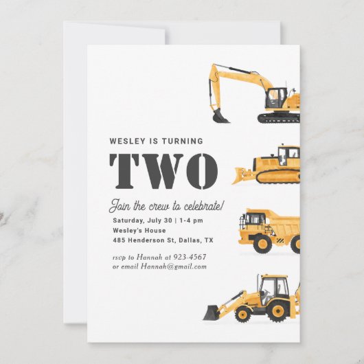 Bouwvoertuigen 2e verjaardagsfeestje kaart (Voorkant)