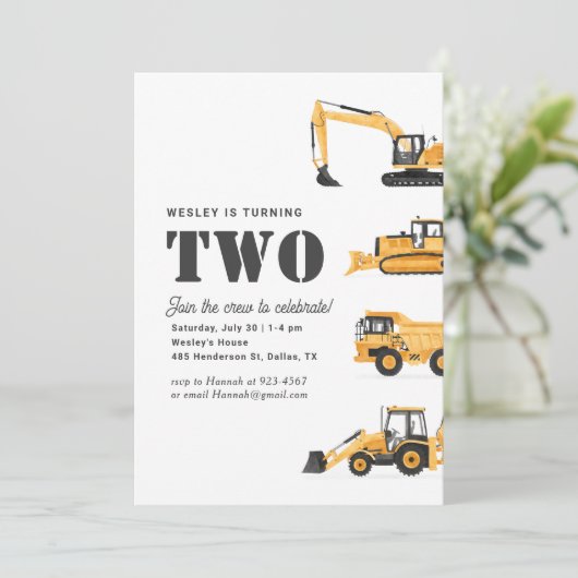 Bouwvoertuigen 2e verjaardagsfeestje kaart (Staand voorkant)