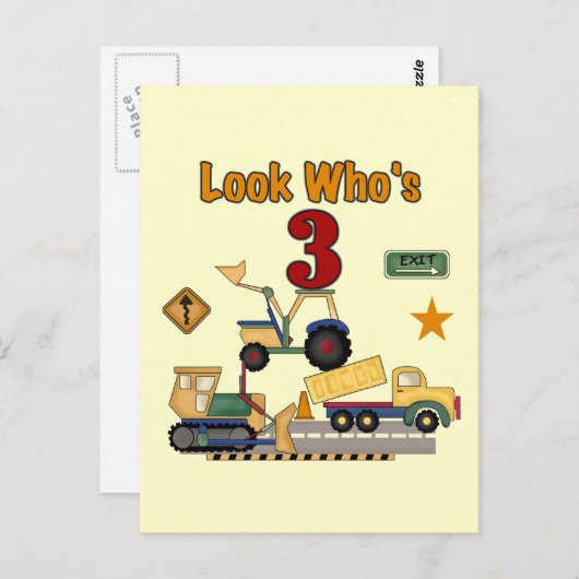 Bouwvoertuigen 3e verjaardag Tshirts Briefkaart (Voorkant / Achterkant)