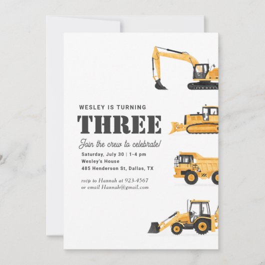 Bouwvoertuigen 3e verjaardagsfeestje kaart (Voorkant)