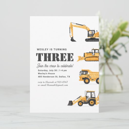 Bouwvoertuigen 3e verjaardagsfeestje kaart (Staand voorkant)