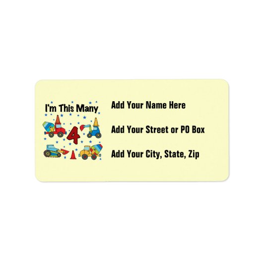 Bouwvoertuigen 4e verjaardag T-shirts Etiket (Voorkant)