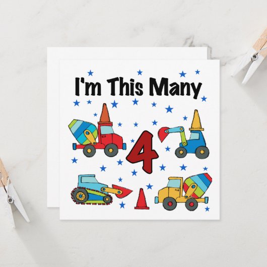 Bouwvoertuigen 4e verjaardag T-shirts Kaart (Voorkant / Achterkant in situ)