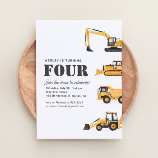 Bouwvoertuigen 4e verjaardagsfeestje kaart