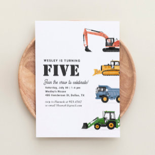 Bouwvoertuigen 5e verjaardagsfeestje kaart