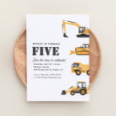 Bouwvoertuigen 5e verjaardagsfeestje kaart