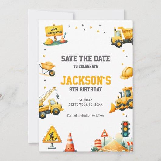 Bouwvoertuigen Dump Truck Graafmachine Bulldoz Save The Date (Voorkant)