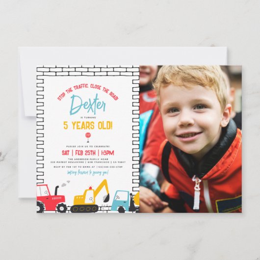 Bouwvoertuigen Jongen Foto Verjaardagsfeestje Kaart (Voorkant)