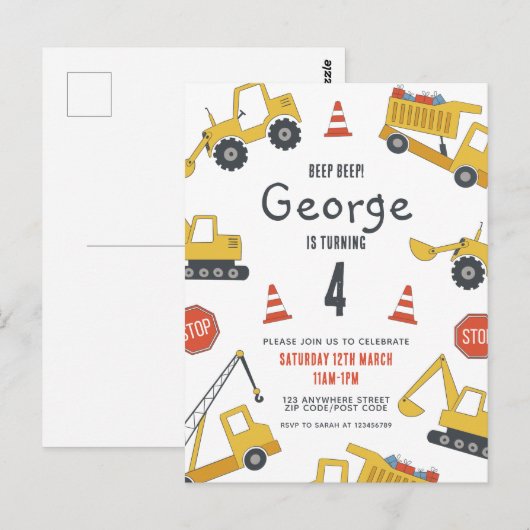 Bouwvoertuigen Verjaardagsfeestuitnodiging Briefkaart (Voorkant / Achterkant)