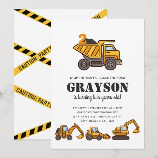 Bouwvoertuigen Verjaardagsfeestuitnodiging Kaart (Voorkant / Achterkant)