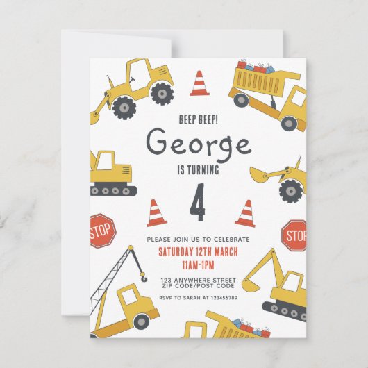 Bouwvoertuigen Verjaardagsfeestuitnodiging Kaart (Voorkant)