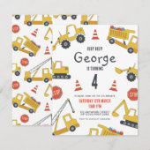 Bouwvoertuigen Verjaardagsfeestuitnodiging Kaart (Voorkant / Achterkant)