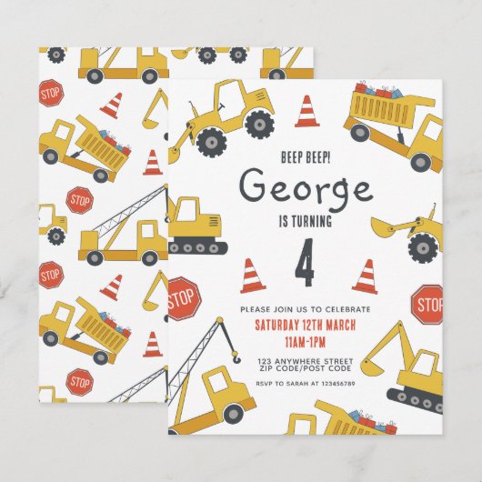 Bouwvoertuigen Verjaardagsfeestuitnodiging Kaart (Voorkant / Achterkant)
