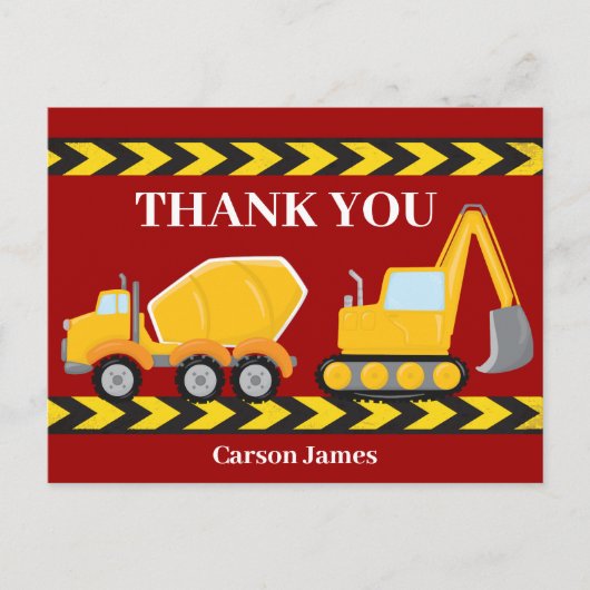 Bouwvrachtwagen Kids Verjaardagsfeestje Dank u Briefkaart (Voorkant)