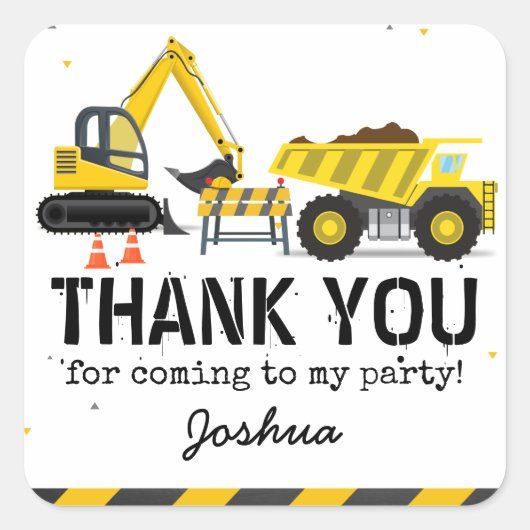 Bouwvrachtwagen Kids Verjaardagsfeestje Dank u Vierkante Sticker (Voorkant)